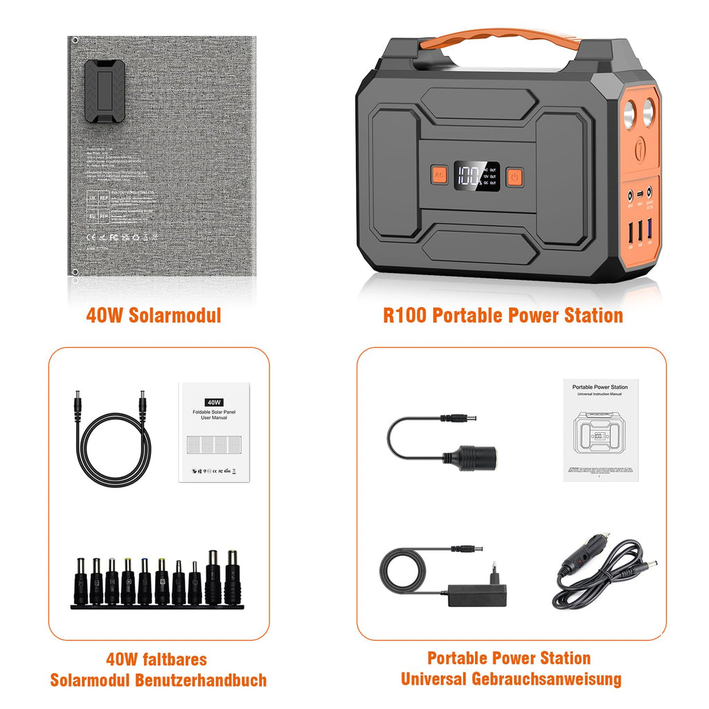 Tragbare Powerstation R100 99 Wh mit 100 W AC Ausgang 18 W USB-C und 40 W faltbarem Solarpanel