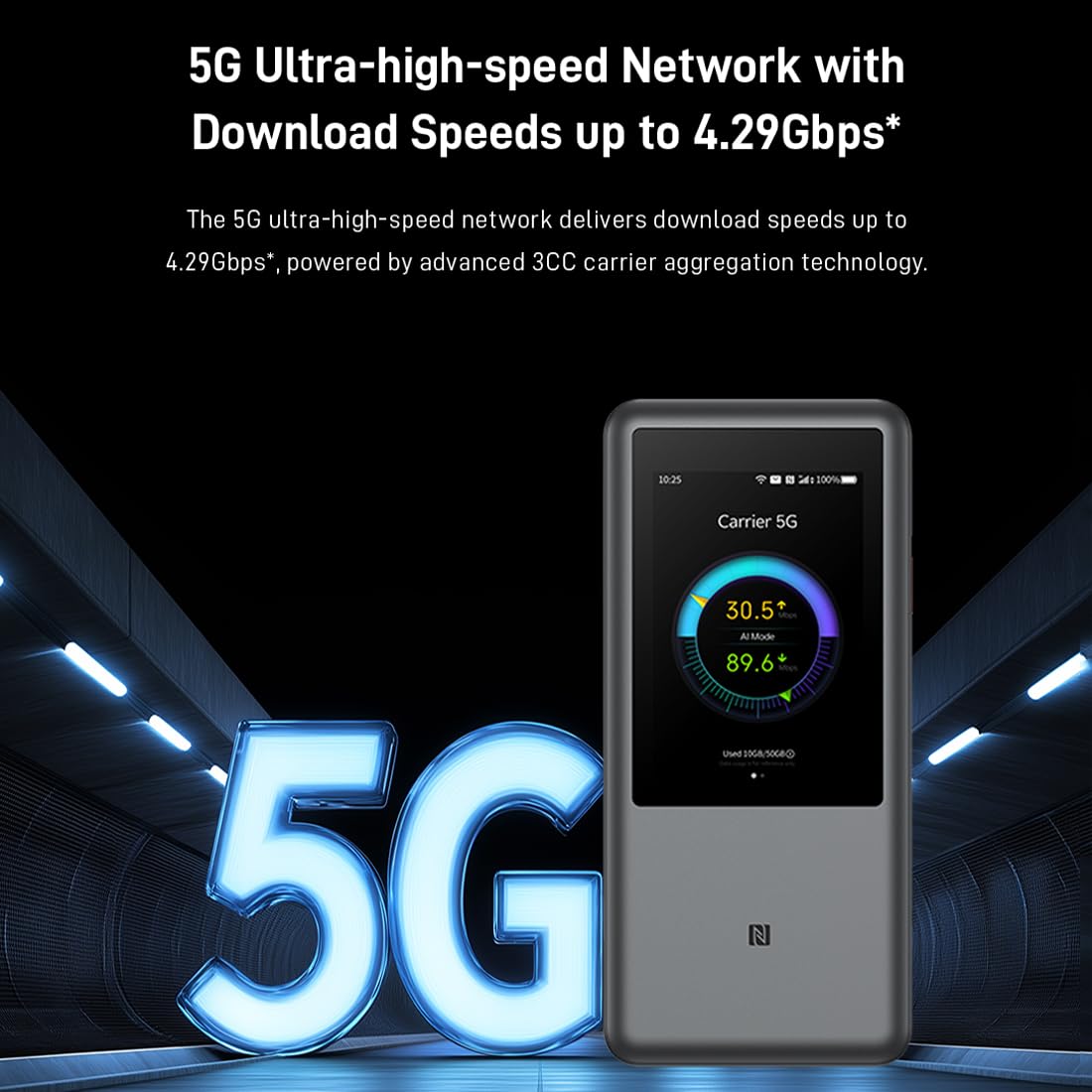 U60 Pro MU5250 5G Mobiler WLAN-Router Wi-Fi 7 4,29 Gbit/s 10000 mAh Akku 3,5 Zoll Touchscreen NFC für bis zu 64 Geräte