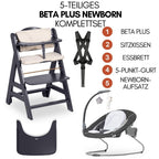 Beta+ Hochstuhl Newborn Set mit Deluxe Bouncer Holz Kinderhochstuhl ab Geburt maximale Belastung 90 kg mit Essbrett und Sitzkissen