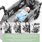 Faltbarer Bollerwagen RO-02 für 2 Kinder mit Dach 5-Punkt-Gurt PU-Rädern Snacktablett und Aluminiumrahmen Grau