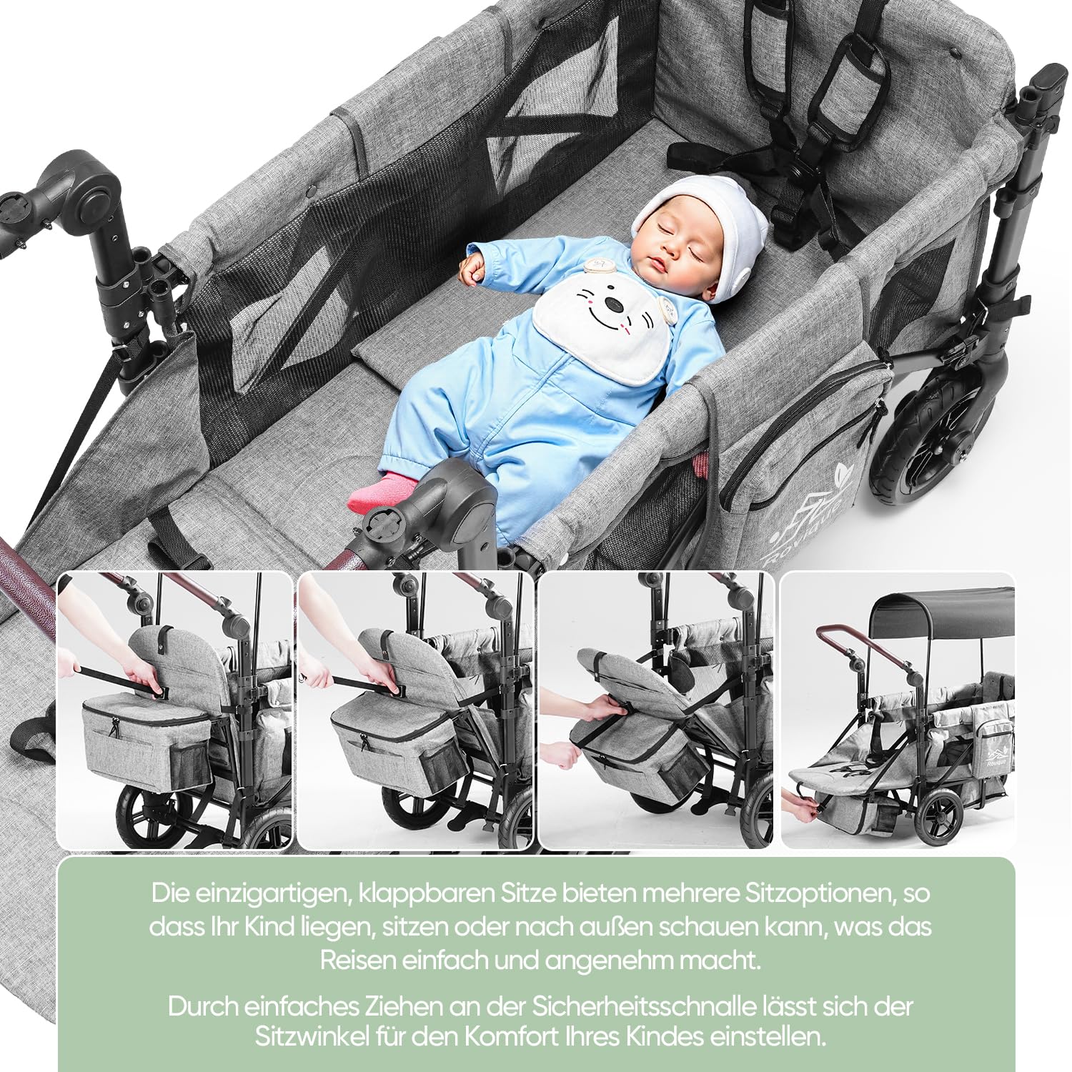 Faltbarer Bollerwagen RO-02 für 2 Kinder mit Dach 5-Punkt-Gurt PU-Rädern Snacktablett und Aluminiumrahmen Grau