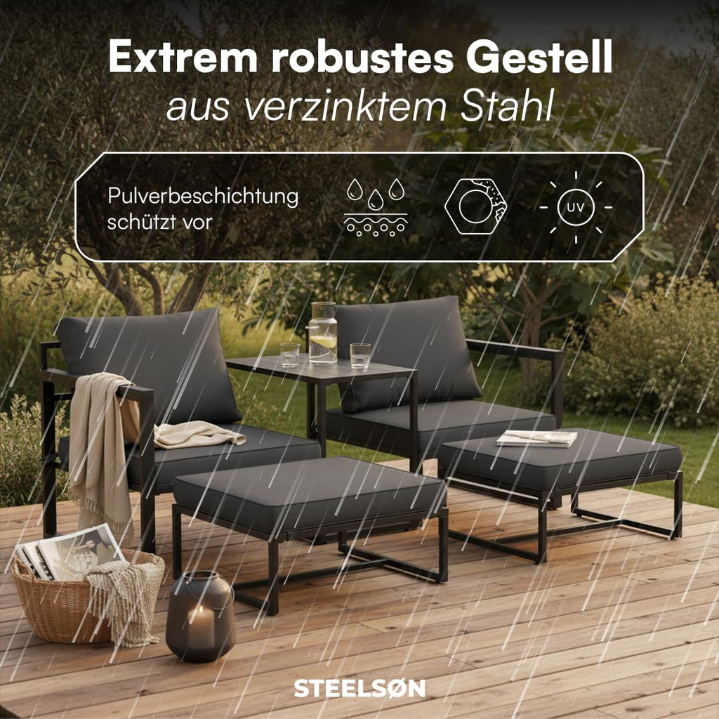 Gartenmöbel Set 5-teilig mit 2 Sesseln 2 Hockern 1 Tisch Metallgestell wetterfest für 2-4 Personen