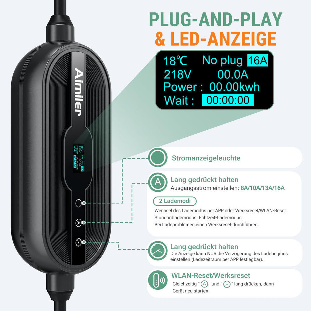 Mobile Wallbox 11kW mit App 400V 16A 3-phasig 7,6m Typ 2 Ladekabel CEE IP66 OLED Wandmontage für E-Autos