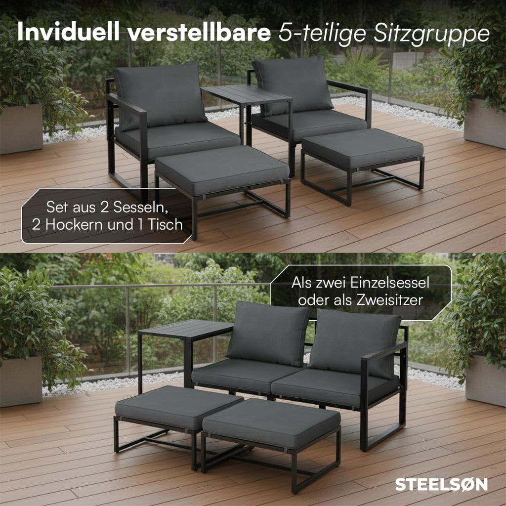 Gartenmöbel Set 5-teilig mit 2 Sesseln 2 Hockern 1 Tisch Metallgestell wetterfest für 2-4 Personen