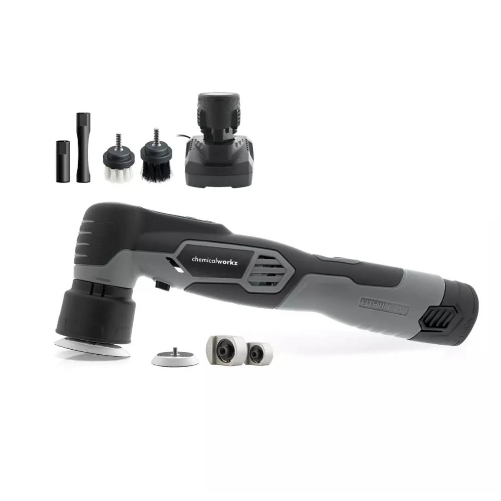 Akku Poliermaschine EVO Mini 25-teiliges Set mit Exzenter und Rotation Akkus Adaptern Polierpads und Zubehör