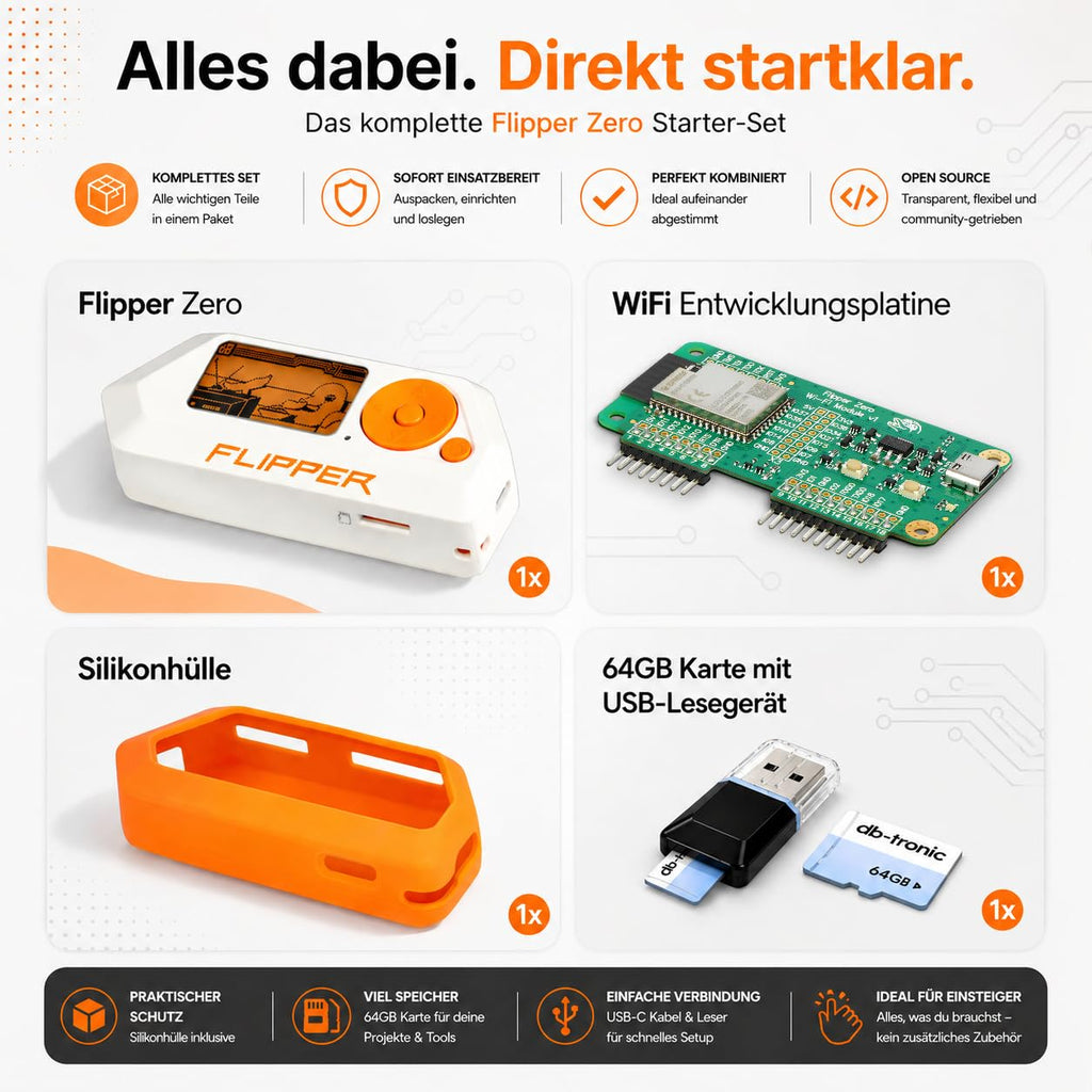 Flipper Zero Starter Set mit WiFi-Board Silikonhülle 64GB Speicherkarte und USB-Kartenleser