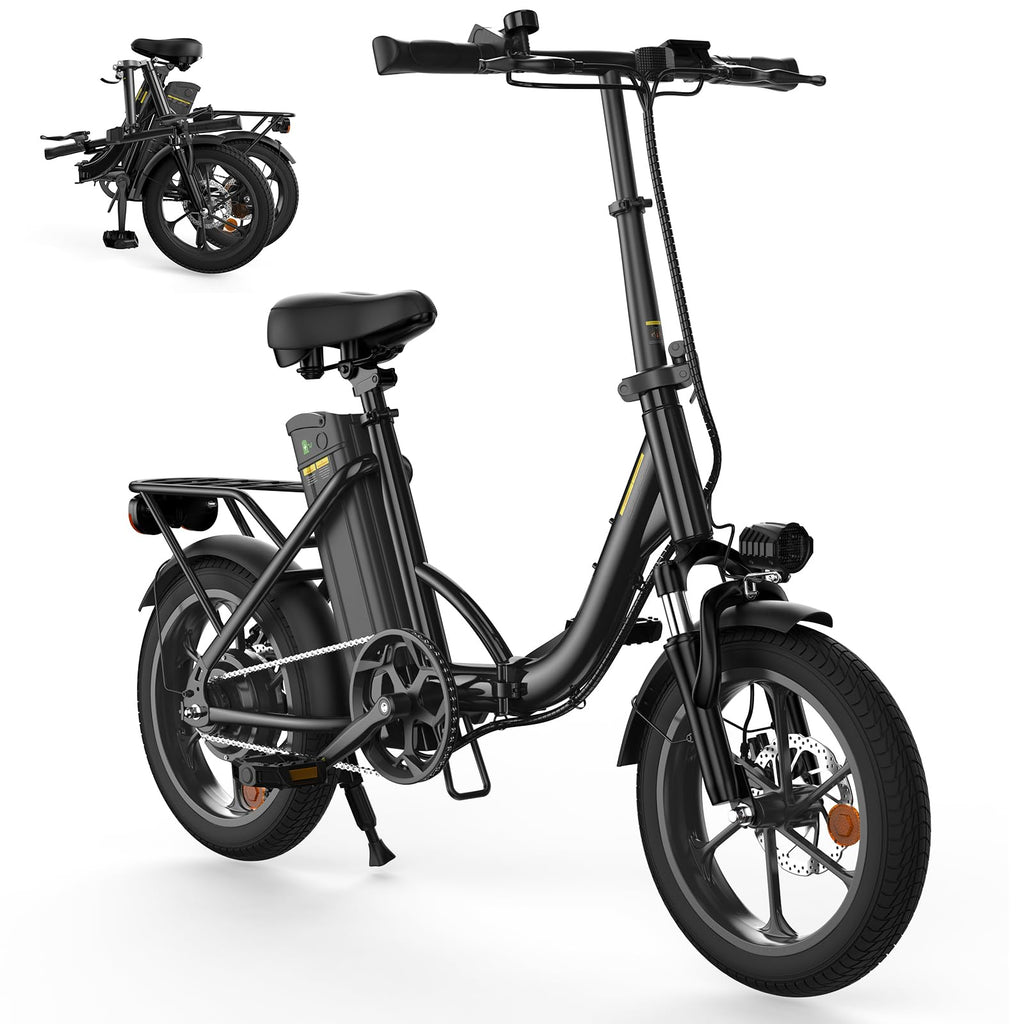 Faltbares E-Bike U4 16 Zoll Schwarz mit 250 W Motor 36 V 10,4 Ah Akku 5 Gängen Scheibenbremsen und Gepäckträger