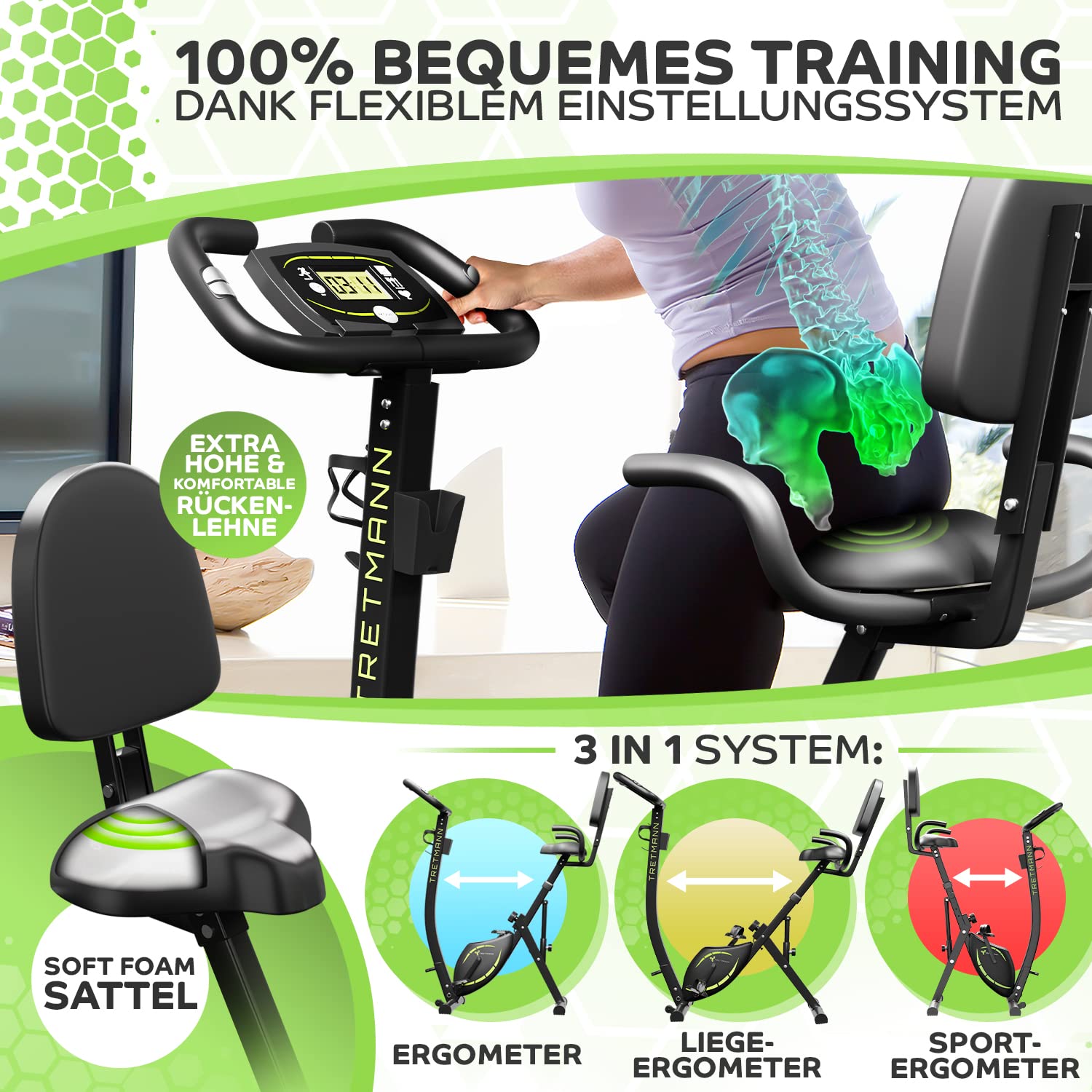 3in1 Heimtrainer Fahrrad klappbar mit Magnetwiderstand 10 Stufen tiefem Einstieg SoftFoam Sitz und 140 kg Belastbarkeit