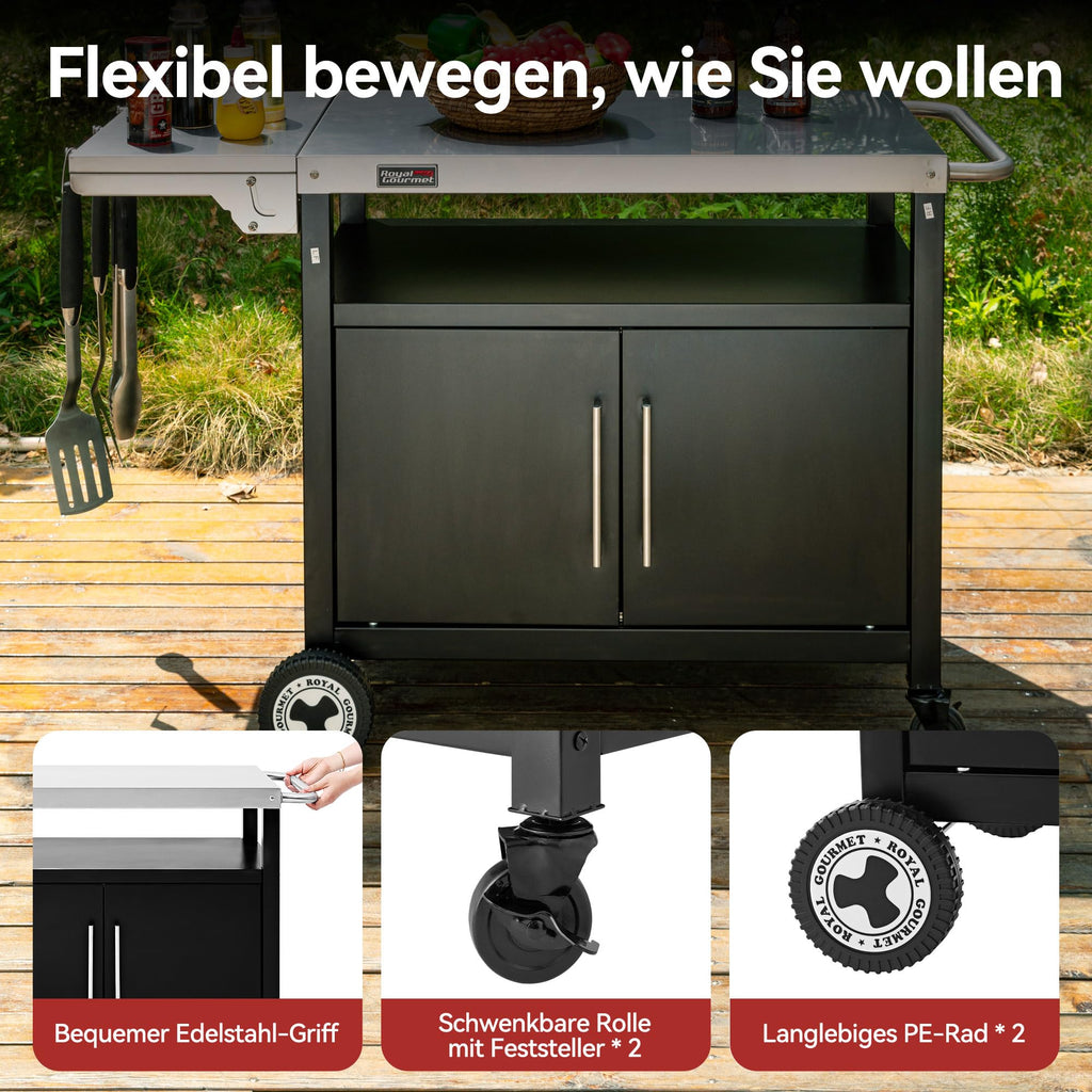 Grillwagen mit Edelstahl-Tischplatte klappbarem Seitentisch Unterschrank Rollen 126,5 x 60 x 81 cm