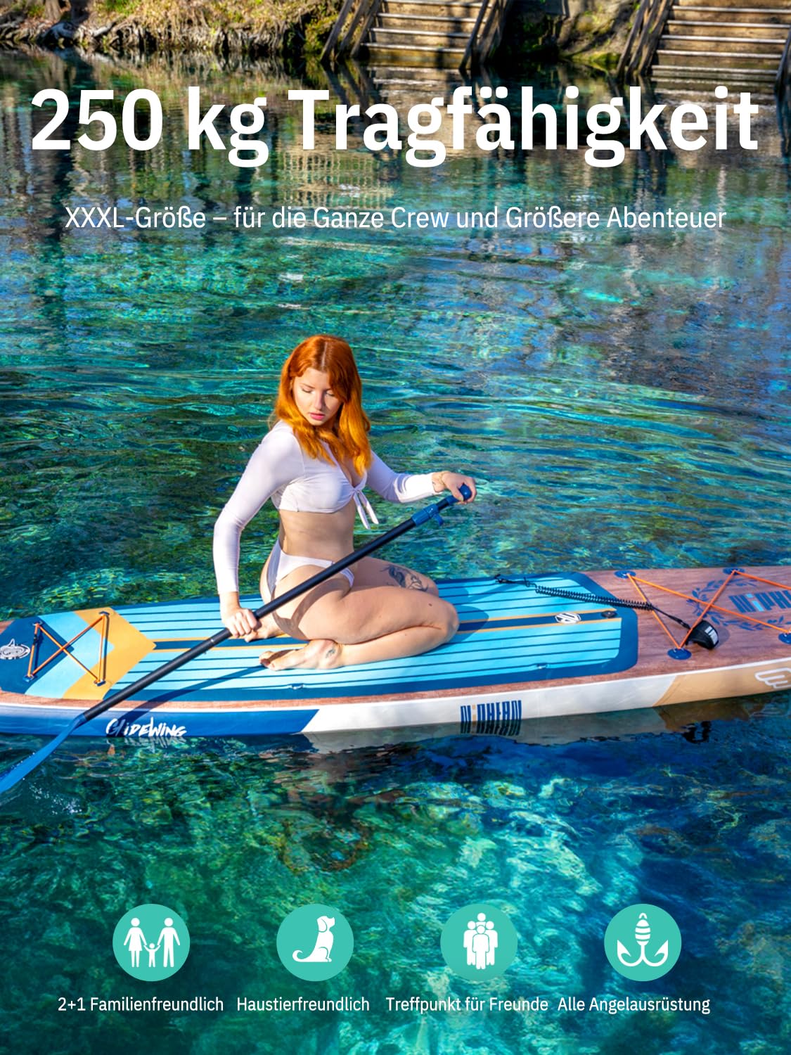 Extra Großes aufblasbares SUP Board 335 x 83 x 15 cm für 2+1 Personen bis 250 kg mit StabilTrac Finne und Kayak Sitz