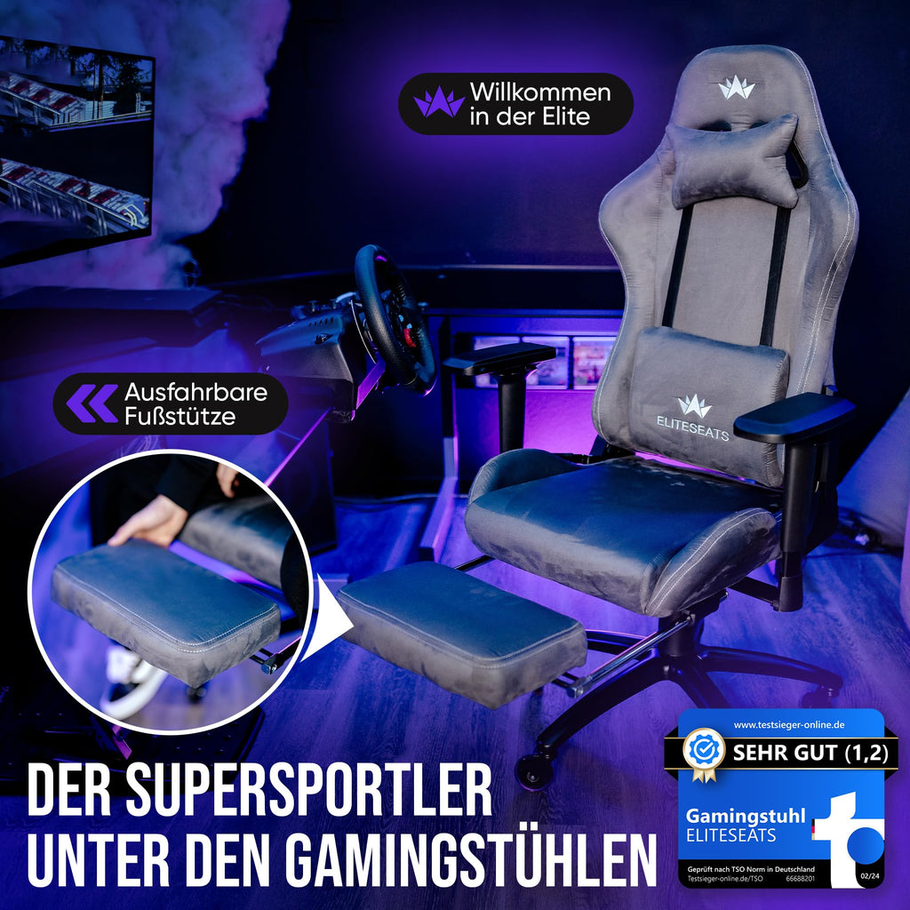 Gaming Stuhl ergonomisch mit Fußstütze 150 kg 4D Armlehnen Memory Foam Silent Wheels Anthrazit