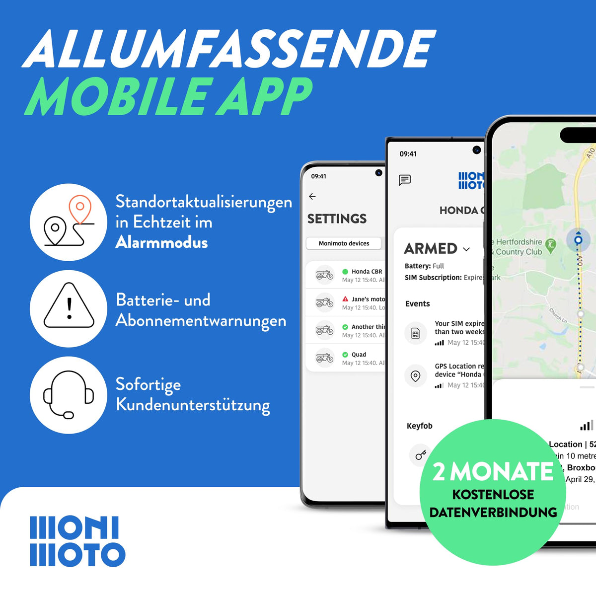 GPS Tracker Monimoto 9 für Motorräder mit Alarm und GPS-Ortung IP68 900 mAh Akku LTE-M eSIM bis zu 12 Monate