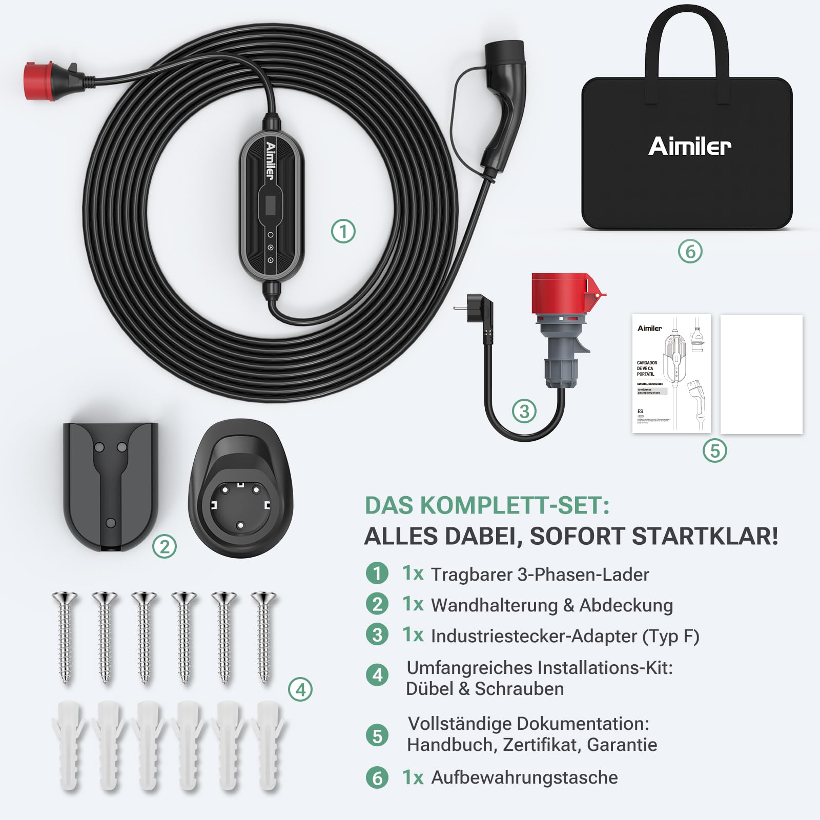 Mobile Wallbox 11kW mit App 400V 16A 3-phasig 7,6m Typ 2 Ladekabel CEE IP66 OLED Wandmontage für E-Autos