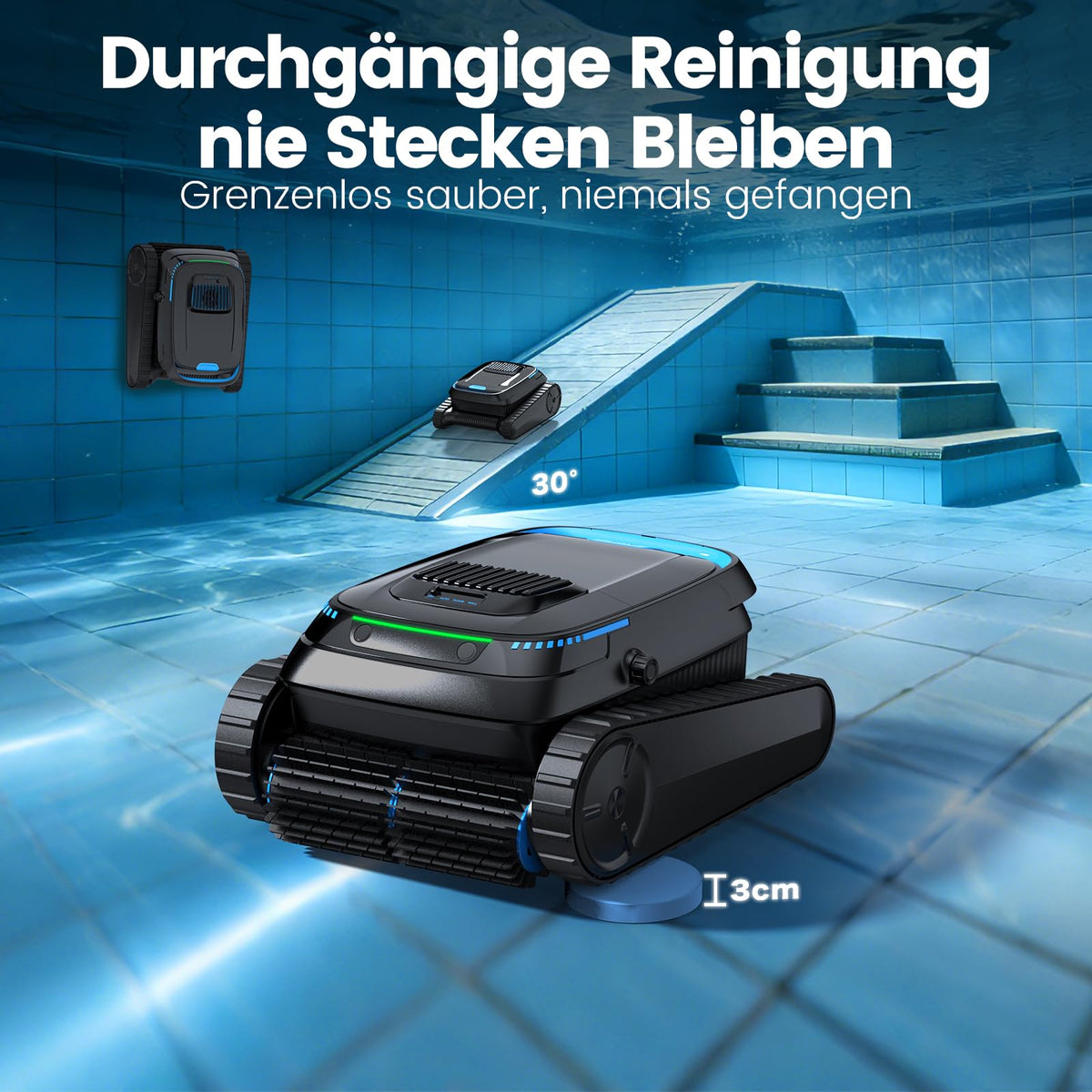 Poolroboter PC10 Boden Wand Wasserlinie 18927 LPH 120 Min Laufzeit 5200 mAh 4 l Filterkorb 150 µm für Pools bis 170 m²