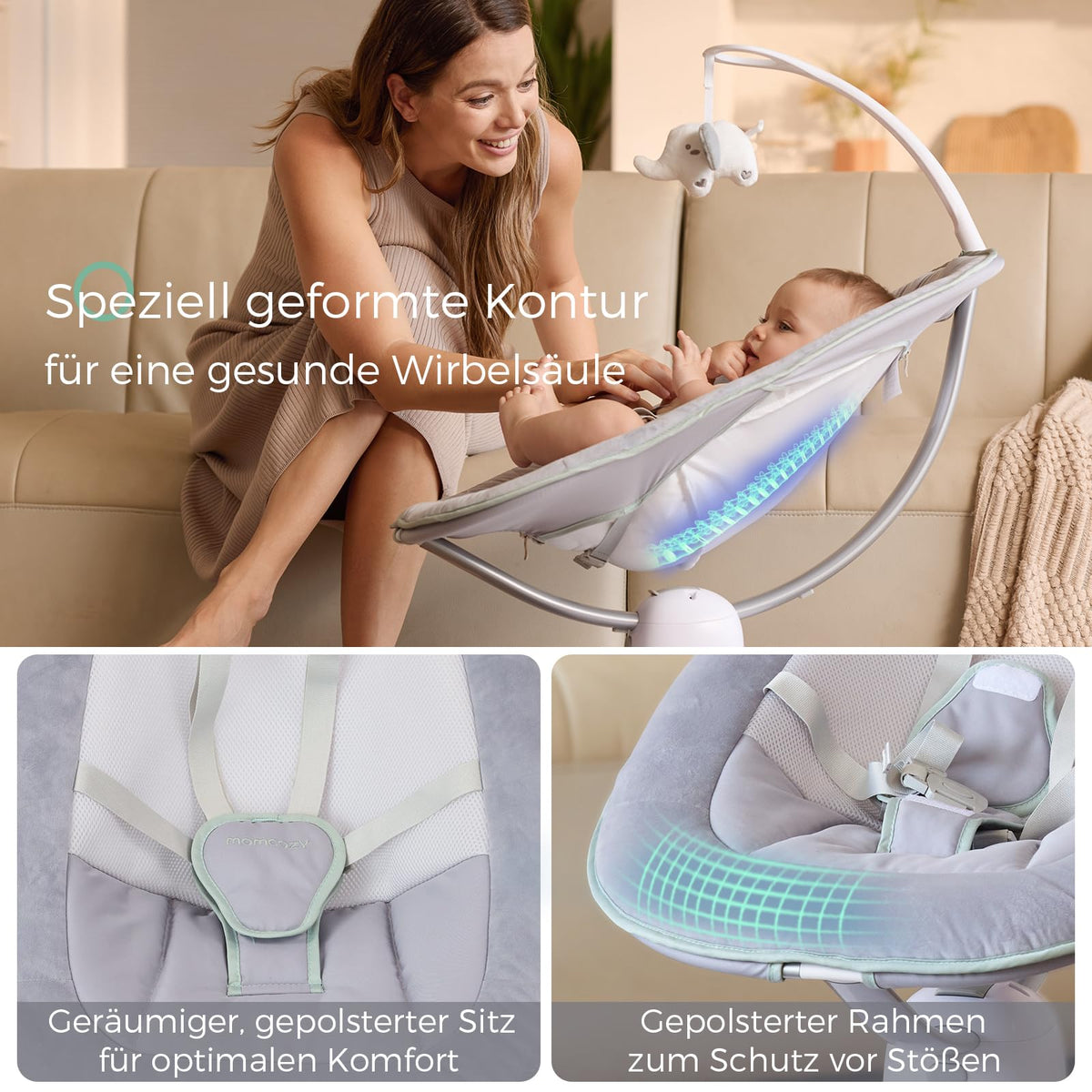 Elektrische Babywippe CocoSway mit 3D-Bewegung 6 Bewegungsarten 4 Geschwindigkeiten Fernbedienung 5-Punkt-Gurt 180° drehbar bis 9 kg
