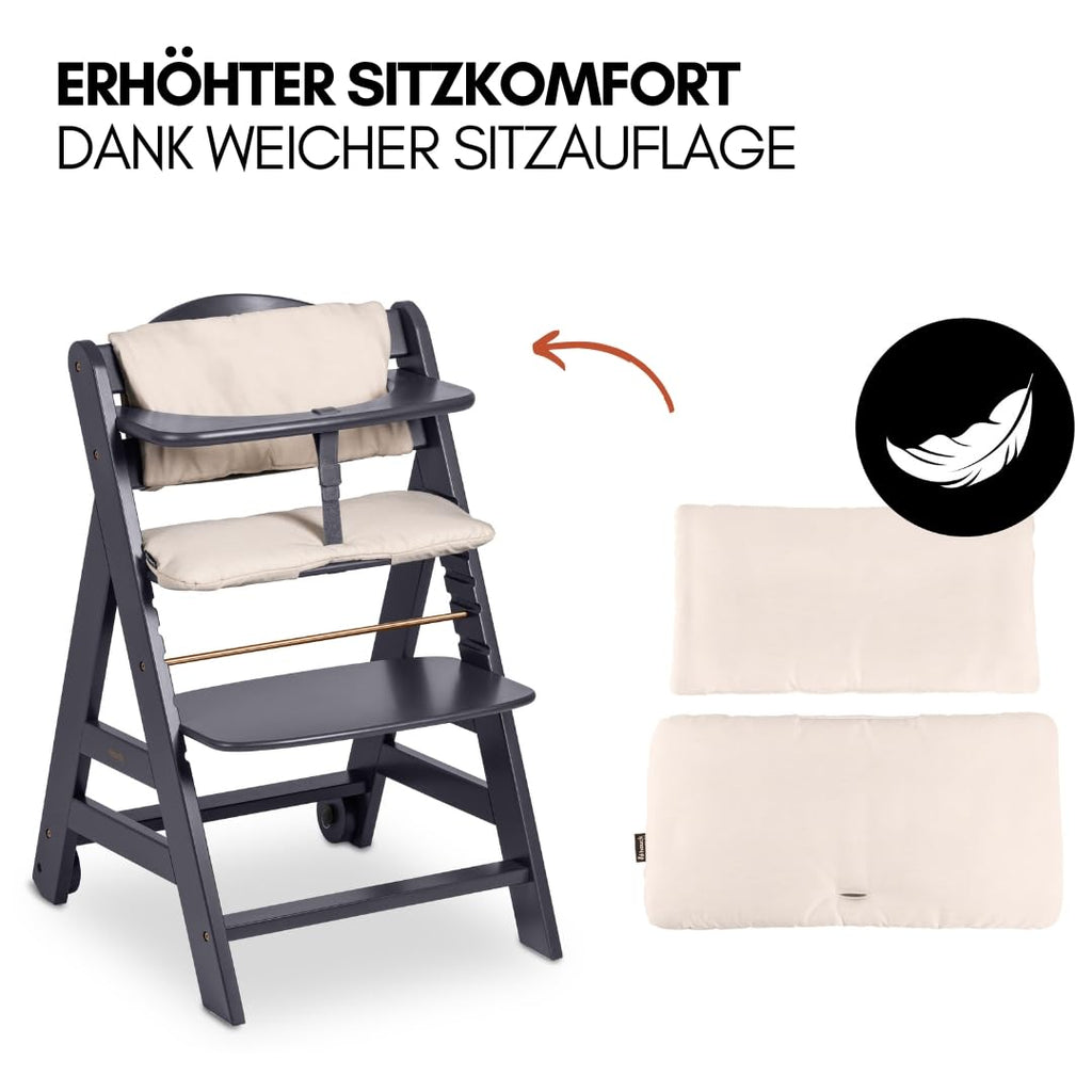 Beta+ Hochstuhl Newborn Set mit Deluxe Bouncer Holz Kinderhochstuhl ab Geburt maximale Belastung 90 kg mit Essbrett und Sitzkissen
