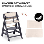 Beta+ Hochstuhl Newborn Set mit Deluxe Bouncer Holz Kinderhochstuhl ab Geburt maximale Belastung 90 kg mit Essbrett und Sitzkissen