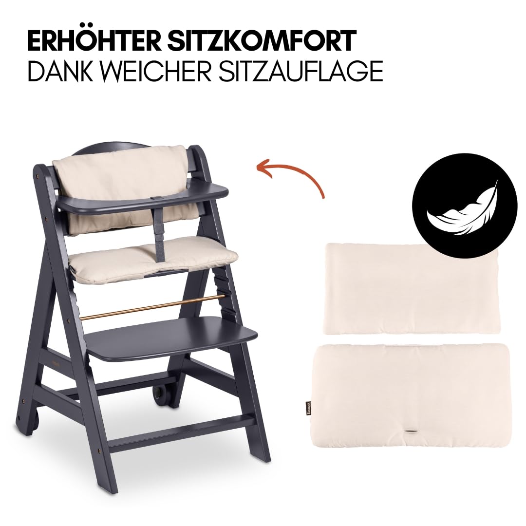 Beta+ Hochstuhl Newborn Set mit Deluxe Bouncer Holz Kinderhochstuhl ab Geburt maximale Belastung 90 kg mit Essbrett und Sitzkissen