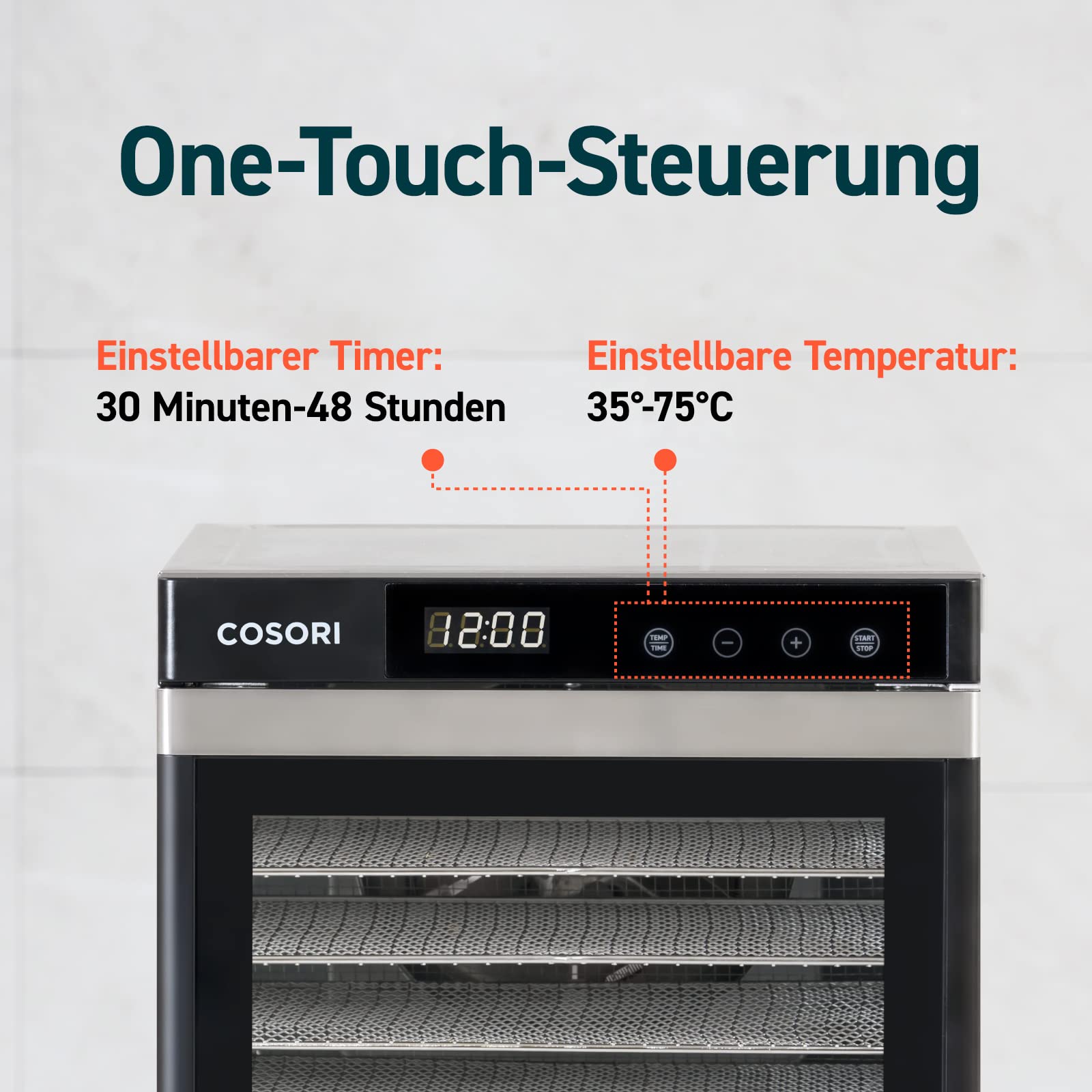 Dörrautomat CP267-FD 650W 6 Edelstahl-Tabletts 35-75°C 48 Std. Timer LED-Display