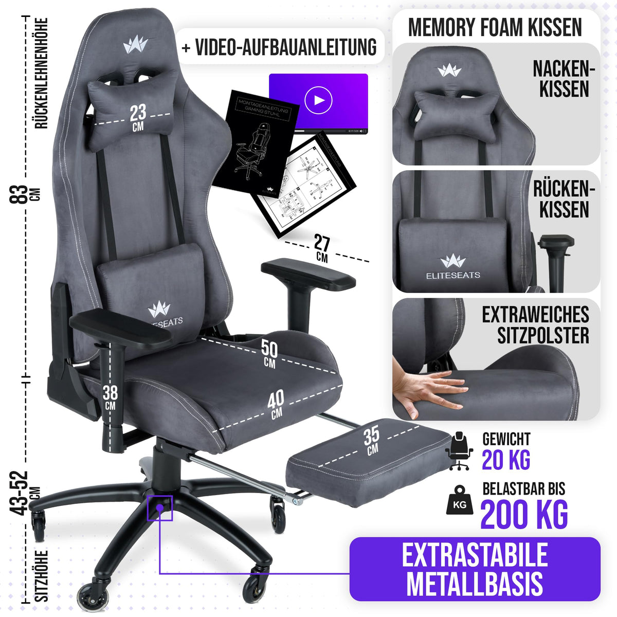 Gaming Stuhl ergonomisch mit Fußstütze 150 kg 4D Armlehnen Memory Foam Silent Wheels Anthrazit