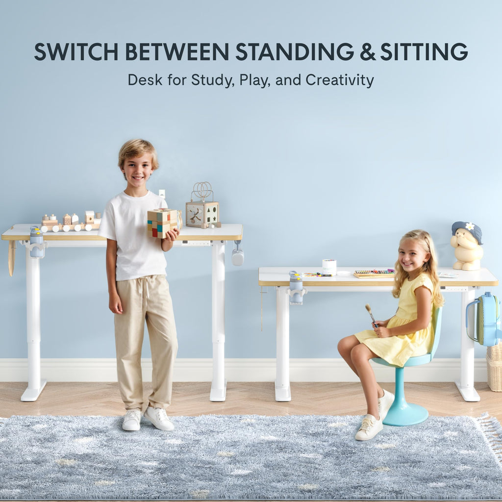 Kinderschreibtisch elektrisch höhenverstellbar SK1 110 × 52 cm 56–88 cm mit LED-Anzeige 3 Speicherplätzen Becherhalter und 2 Haken
