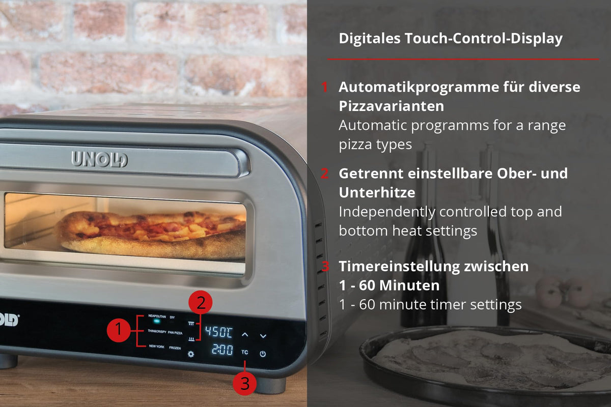 Elektrischer Pizzaofen LUIGI 68816 1700 W bis 450 °C mit 32 cm Cordierit-Pizzastein und Touch-Steuerung