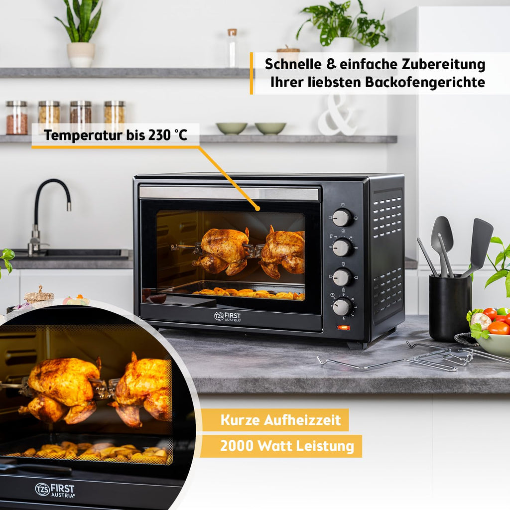 Minibackofen FA-5047 60 l 2000 W bis 230 °C 6 Heizmodi 60-Minuten-Timer Backblech Grillrost Drehspieß
