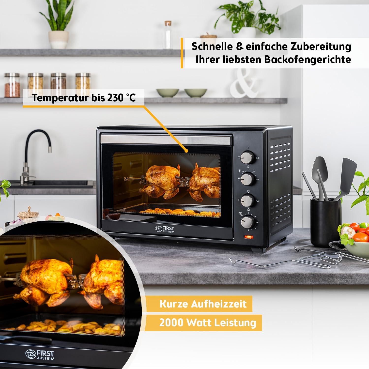 Minibackofen FA-5047 60 l 2000 W bis 230 °C 6 Heizmodi 60-Minuten-Timer Backblech Grillrost Drehspieß
