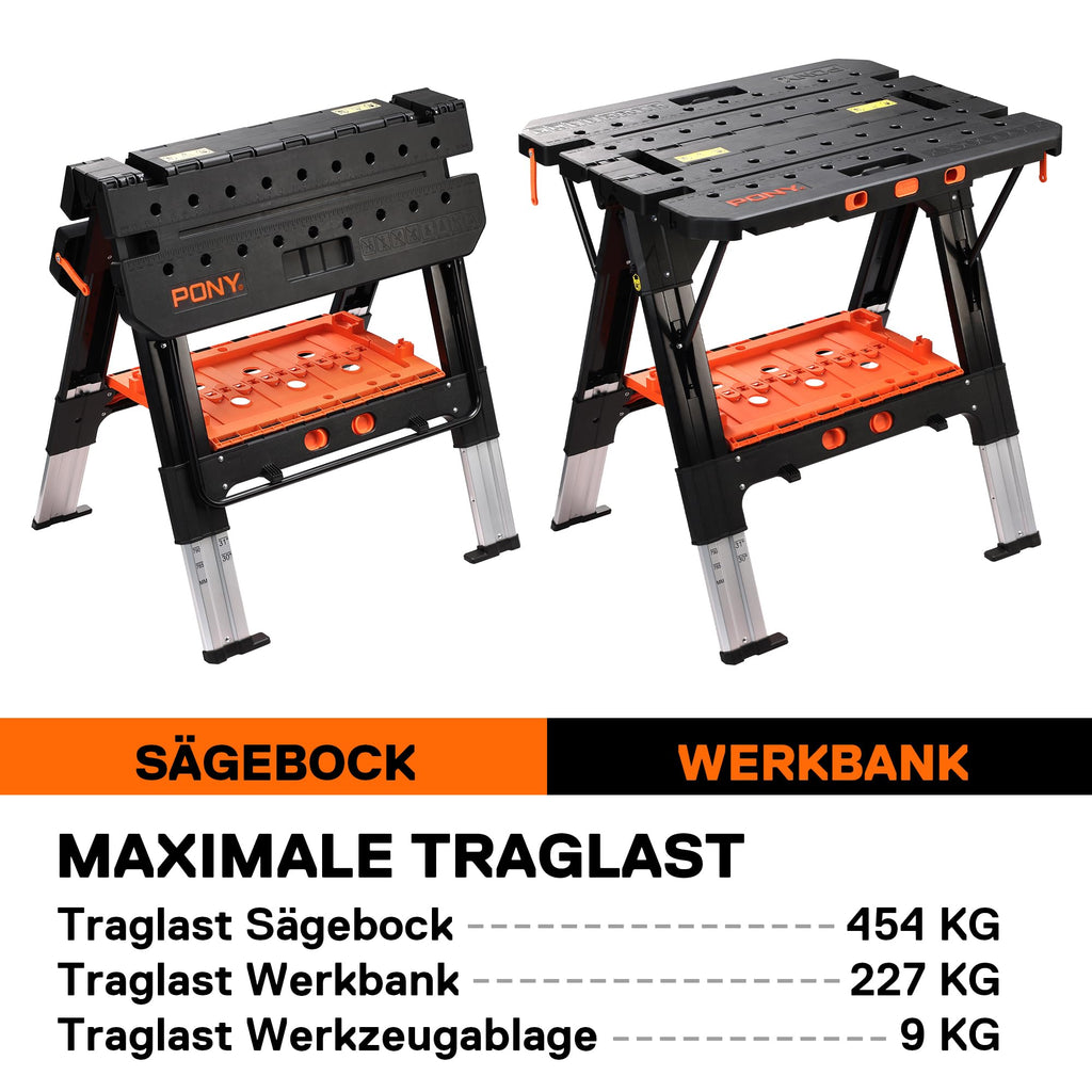 2-in-1 Werkbank Klappbar Sägebock 454 kg Arbeitsbock Aluminiumbeine 4 Schraubzwingen 79 x 63,5 cm