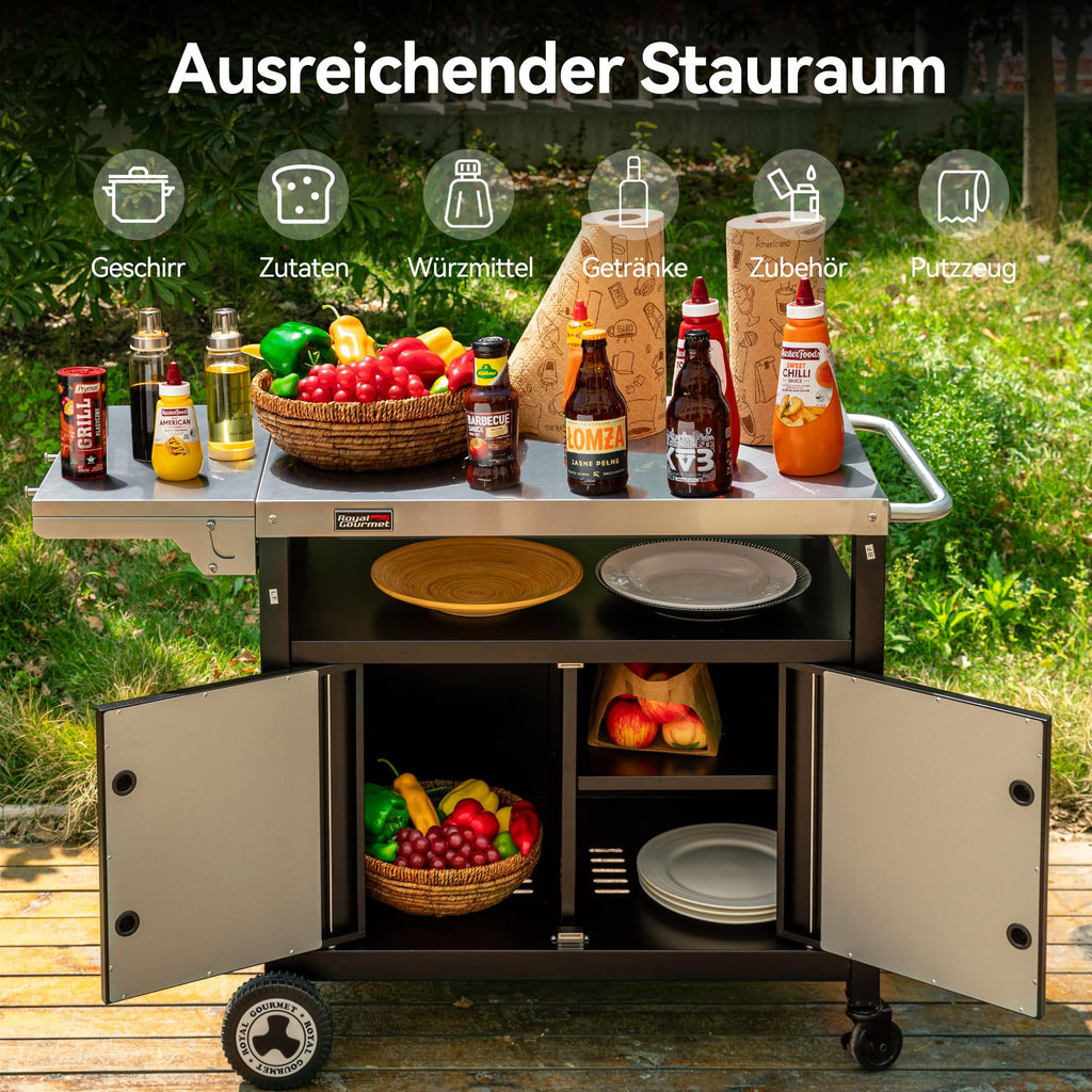 Grillwagen mit Edelstahl-Tischplatte klappbarem Seitentisch Unterschrank Rollen 126,5 x 60 x 81 cm