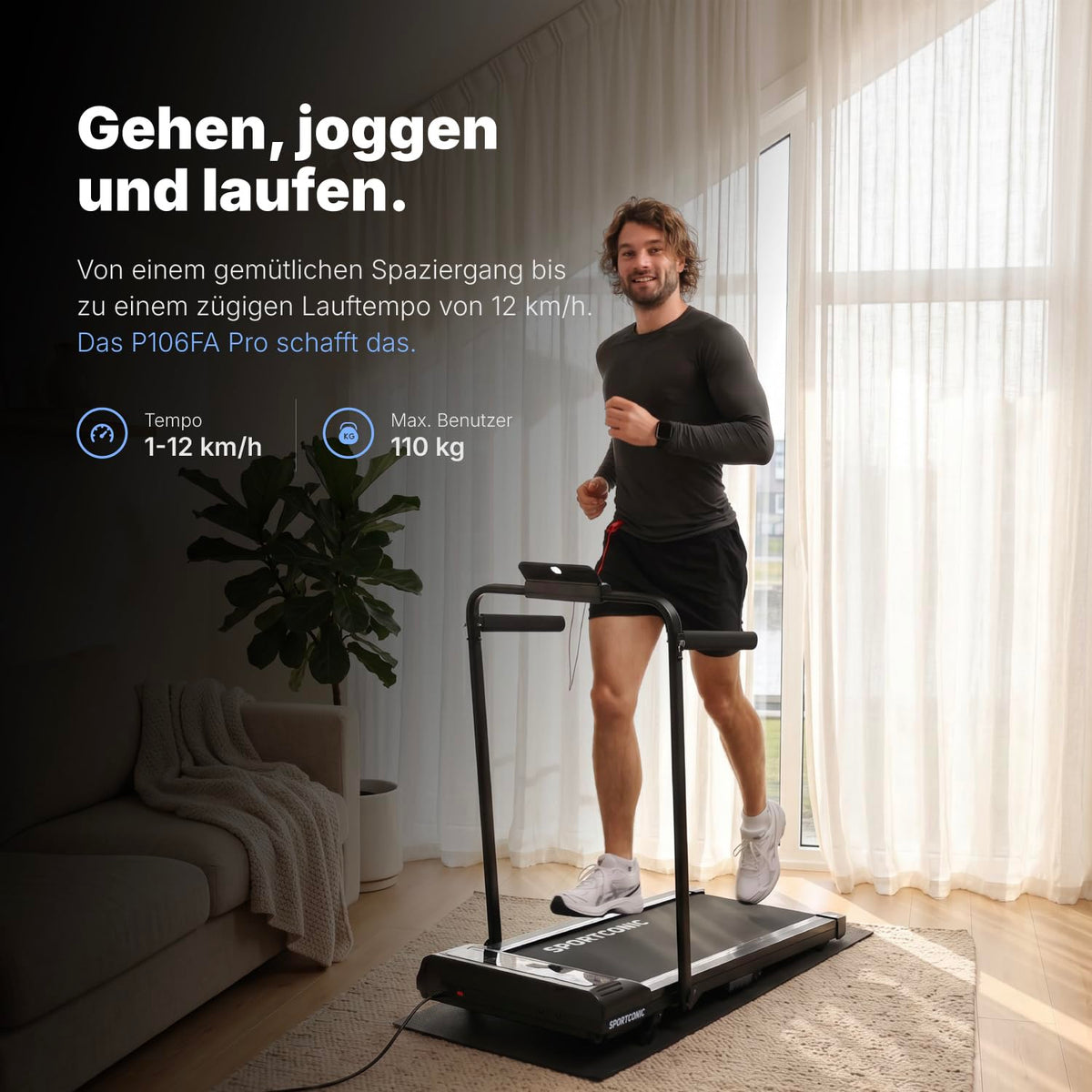 Laufband elektrisch klappbar P106FA 1–12 km/h mit 9 % Steigung LED-Display Tablet-Halterung für Gehen und Laufen