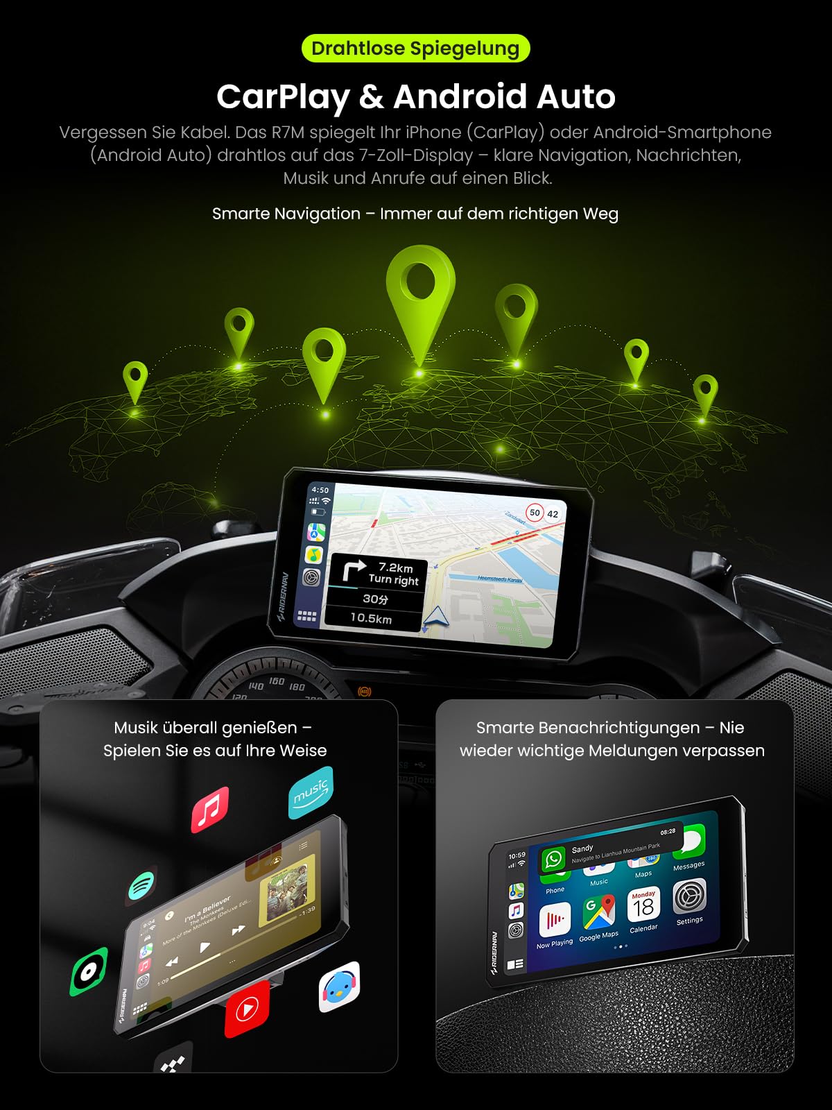 7 Zoll Motorrad Smart Display R7M mit Wireless CarPlay Android Auto GPS 1200 Nit IP69K