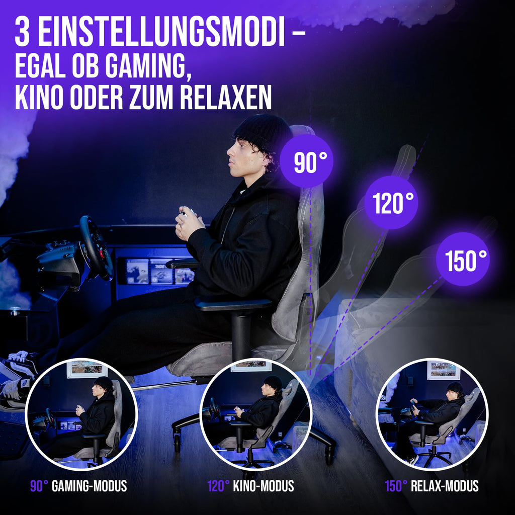 Gaming Stuhl ergonomisch mit Fußstütze 150 kg 4D Armlehnen Memory Foam Silent Wheels Anthrazit