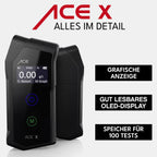 Alkoholtester ACE X mit elektrochemischem Sensor 0,05 Promille Abweichung 6 Mundstücke Transporttasche und 2 AAA-Batterien