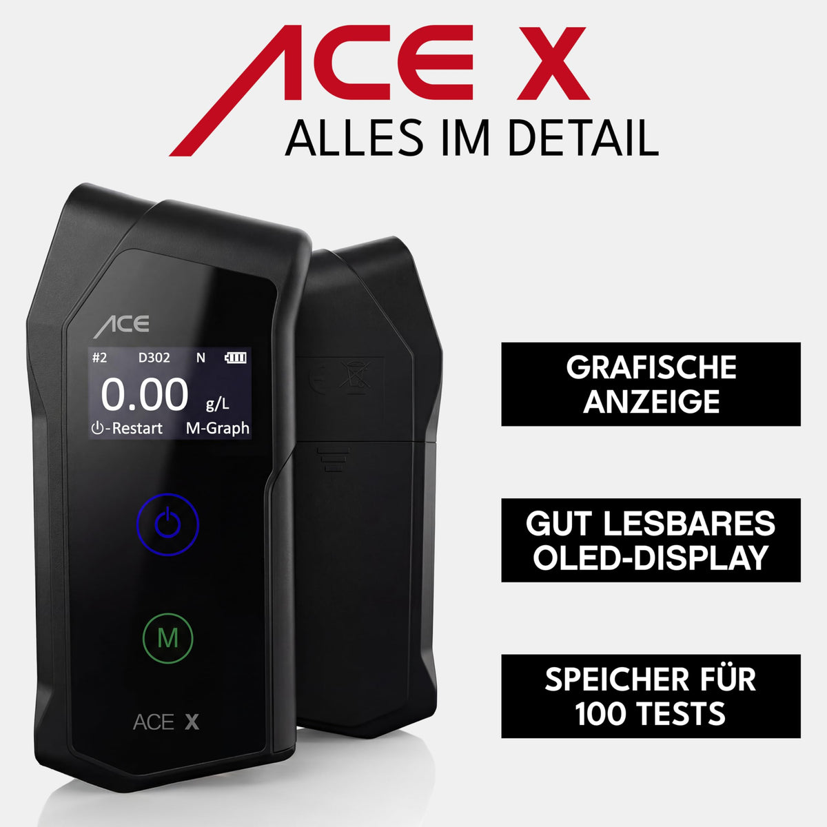 Alkoholtester ACE X mit elektrochemischem Sensor 0,05 Promille Abweichung 6 Mundstücke Transporttasche und 2 AAA-Batterien
