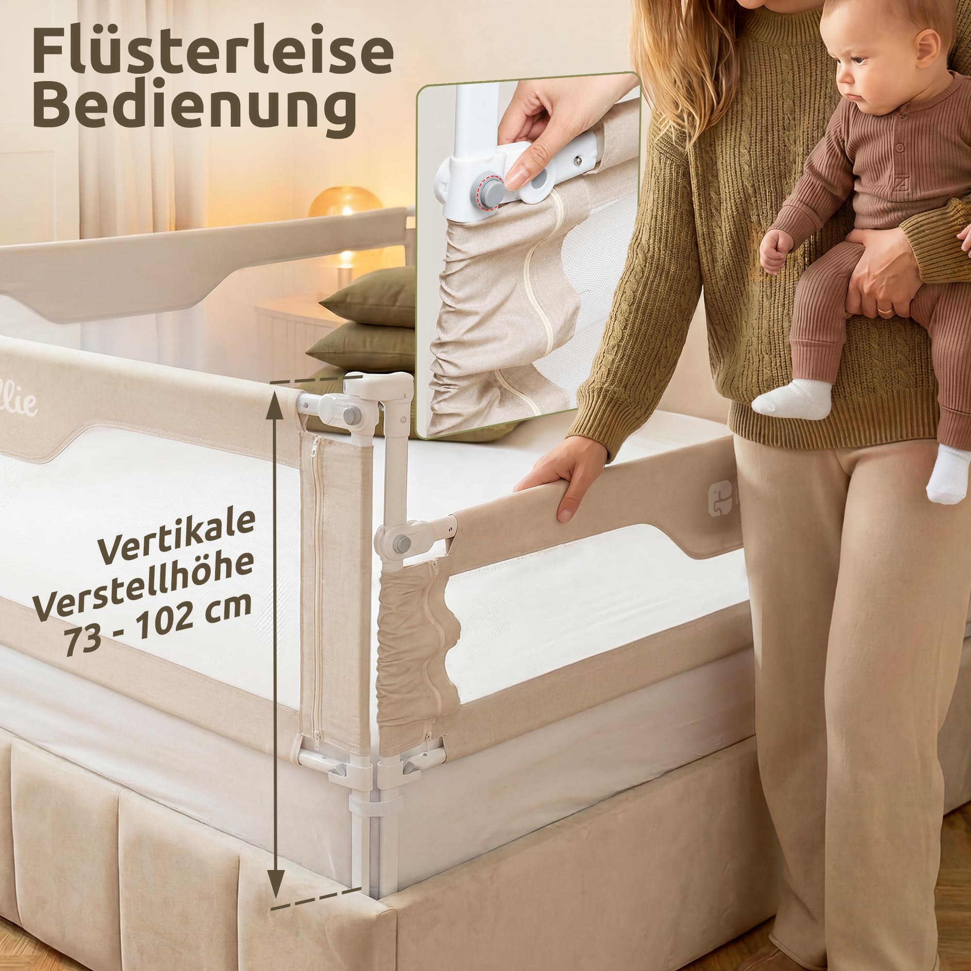 Bettgitter Rausfallschutz 200x200 cm 3-seitiges Set MALLIEFIX 2.0 Click-System höhenverstellbar Beige