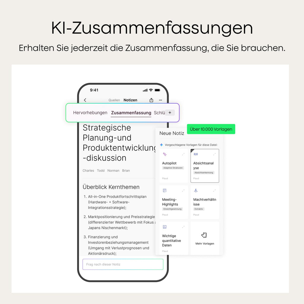 KI-Diktiergerät Note Pro 64 GB 50 Std Aufnahmezeit Bluetooth WAV Dual-Modus 5 m Aufnahmebereich 4 MEMS Mikrofone 1 VPU Mikrofon 112 Sprachen