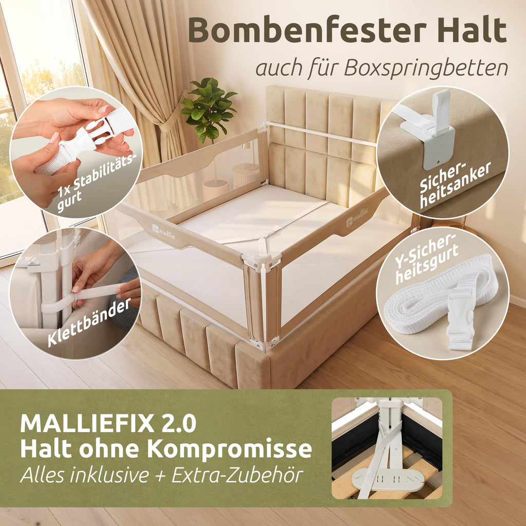 Bettgitter Rausfallschutz 200x200 cm 3-seitiges Set MALLIEFIX 2.0 Click-System höhenverstellbar Beige