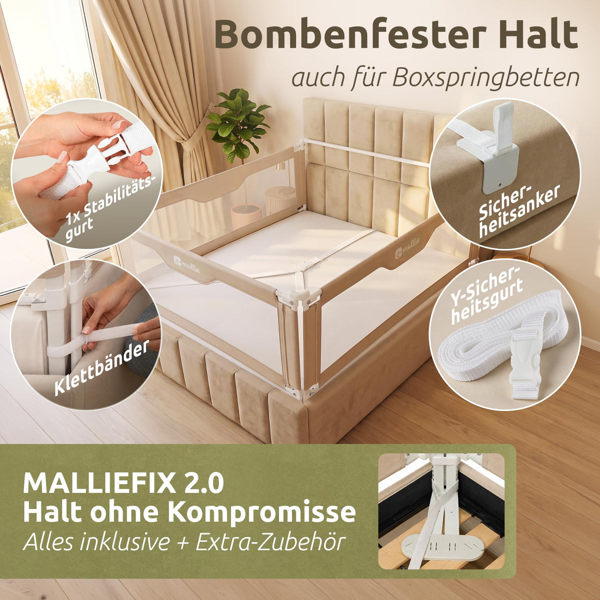 Bettgitter Rausfallschutz 200x200 cm 3-seitiges Set MALLIEFIX 2.0 Click-System höhenverstellbar Beige