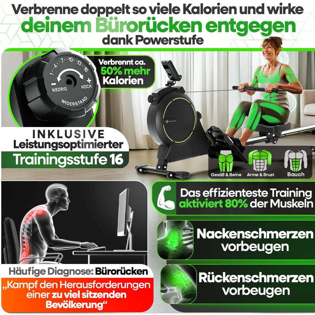 Rudergerät für Zuhause klappbar mit Wirbelstrombremse 2.0 16 Widerstandsstufen Memory-Foam-Sitzkissen und 150 kg Belastbarkeit