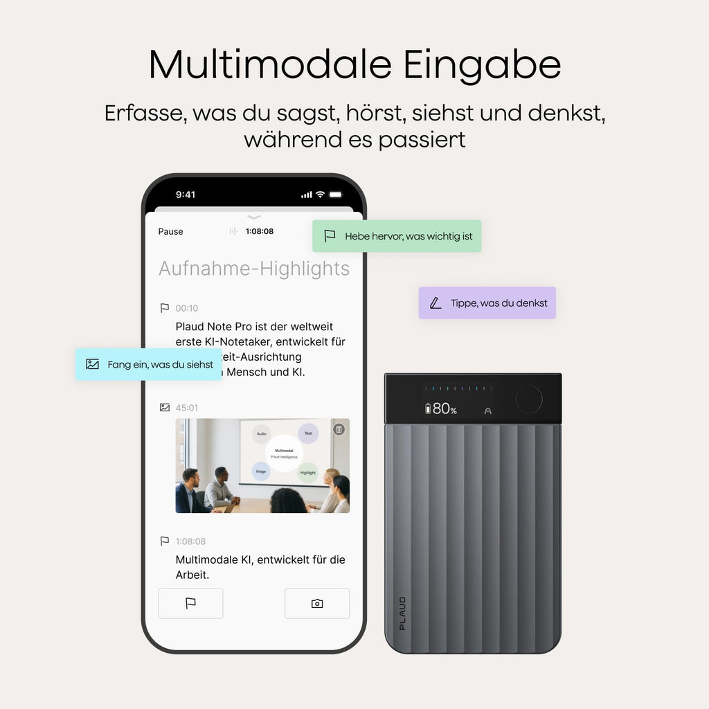 KI-Diktiergerät Note Pro 64 GB 50 Std Aufnahmezeit Bluetooth WAV Dual-Modus 5 m Aufnahmebereich 4 MEMS Mikrofone 1 VPU Mikrofon 112 Sprachen