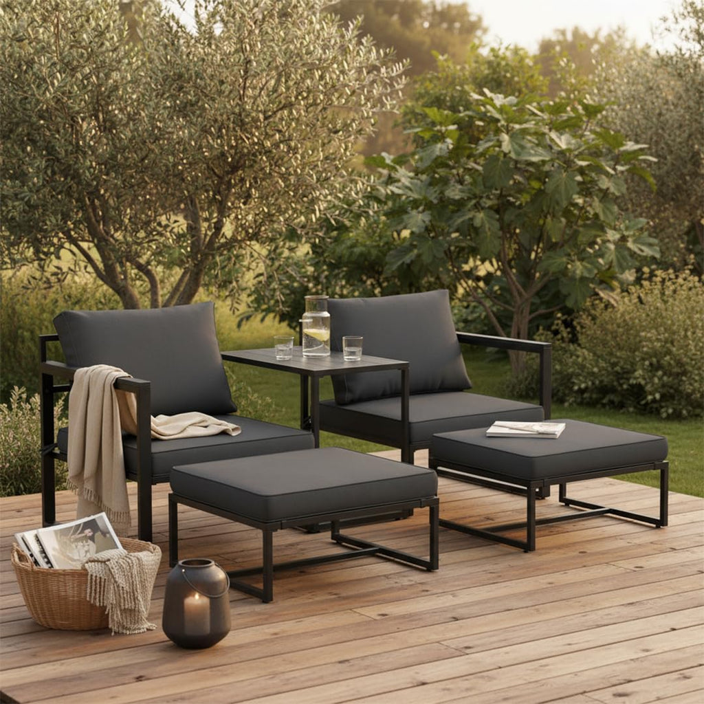 Gartenmöbel Set 5-teilig mit 2 Sesseln 2 Hockern 1 Tisch Metallgestell wetterfest für 2-4 Personen