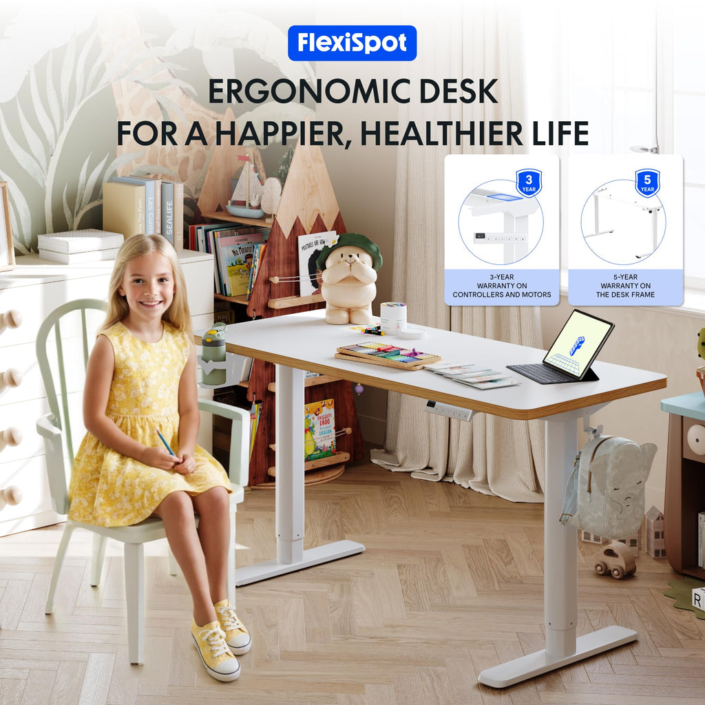 Kinderschreibtisch elektrisch höhenverstellbar SK1 110 × 52 cm 56–88 cm mit LED-Anzeige 3 Speicherplätzen Becherhalter und 2 Haken