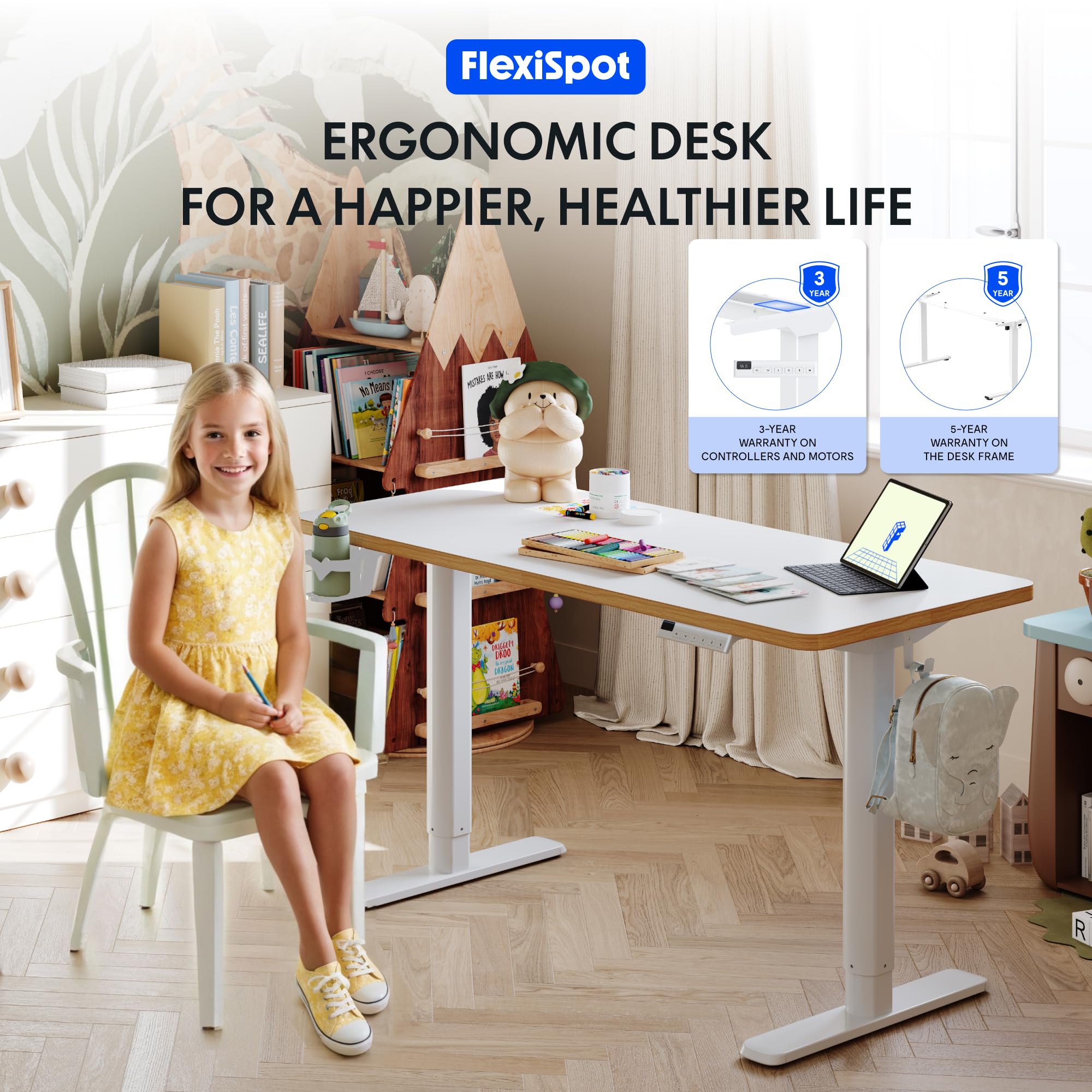 Kinderschreibtisch elektrisch höhenverstellbar SK1 110 × 52 cm 56–88 cm mit LED-Anzeige 3 Speicherplätzen Becherhalter und 2 Haken
