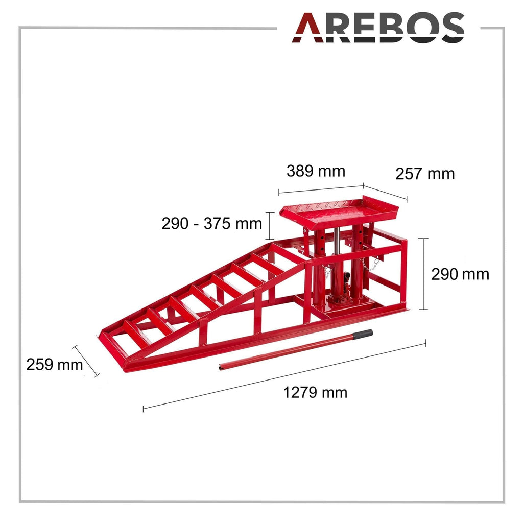 Auffahrrampen mit hydraulischem Wagenheber 2 t höhenverstellbar 290–375 mm Reifenbreite bis 257 mm Stahlkonstruktion