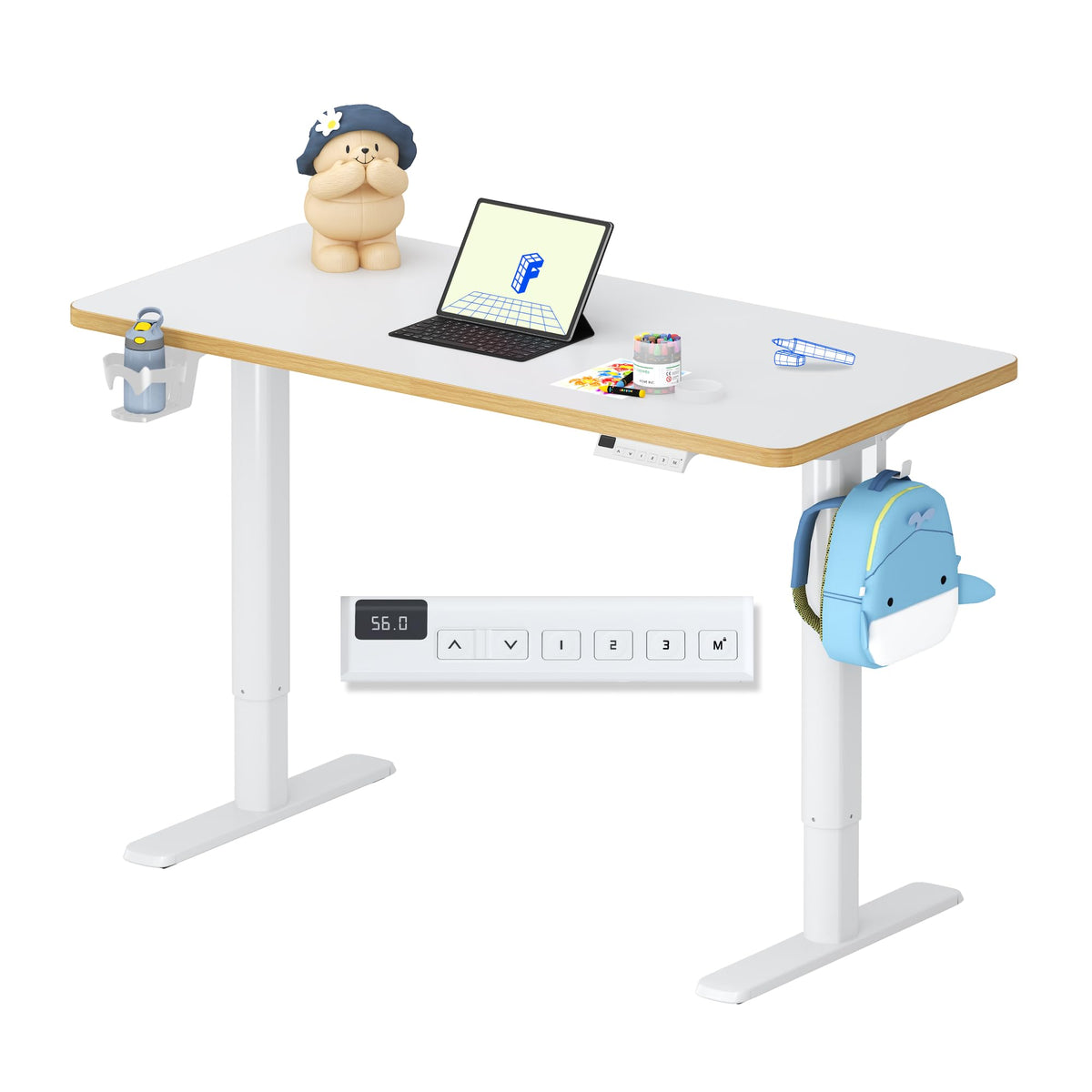 Kinderschreibtisch elektrisch höhenverstellbar SK1 110 × 52 cm 56–88 cm mit LED-Anzeige 3 Speicherplätzen Becherhalter und 2 Haken