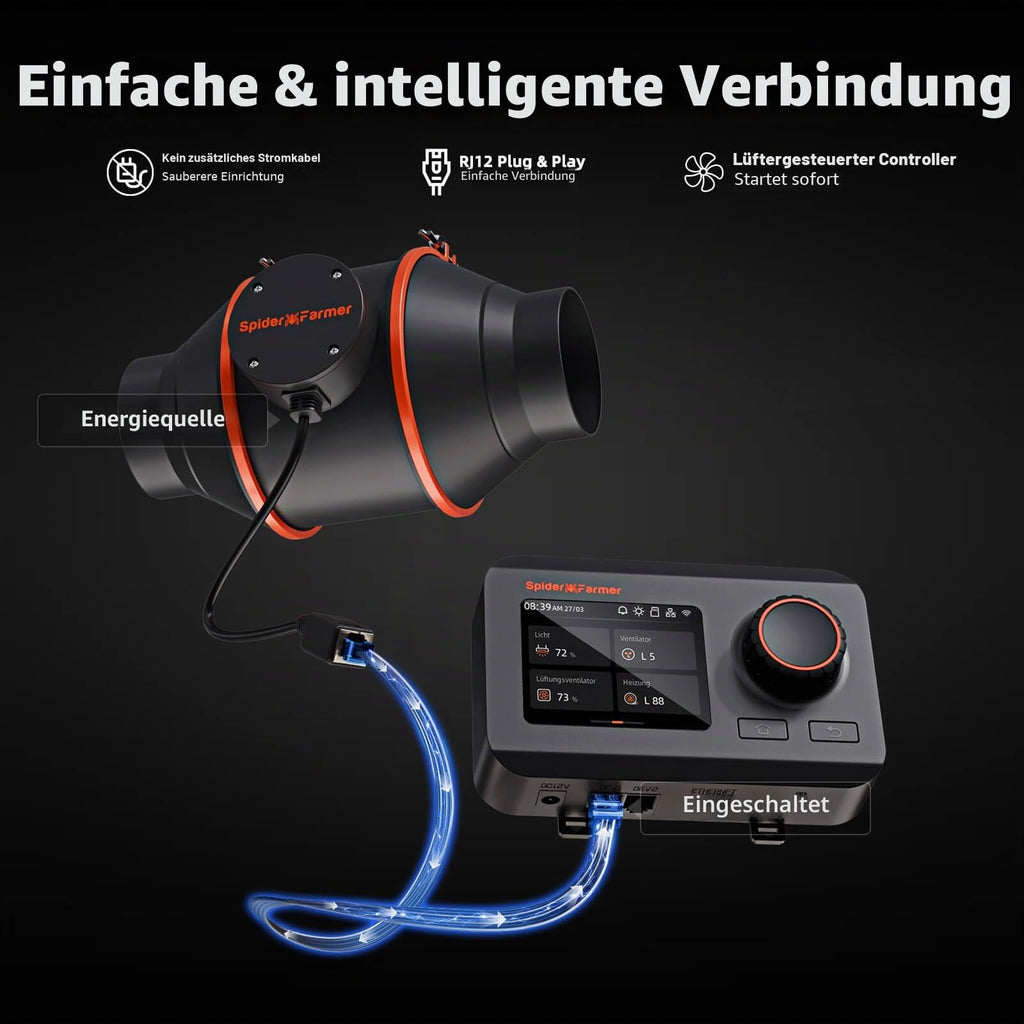 Rohrventilator Abluftset 100 mm mit Aktivkohlefilter GGS Controller 205 CFM 27 W Temperatur Feuchtigkeitssensor 26,8 dB 4 m Schlauch