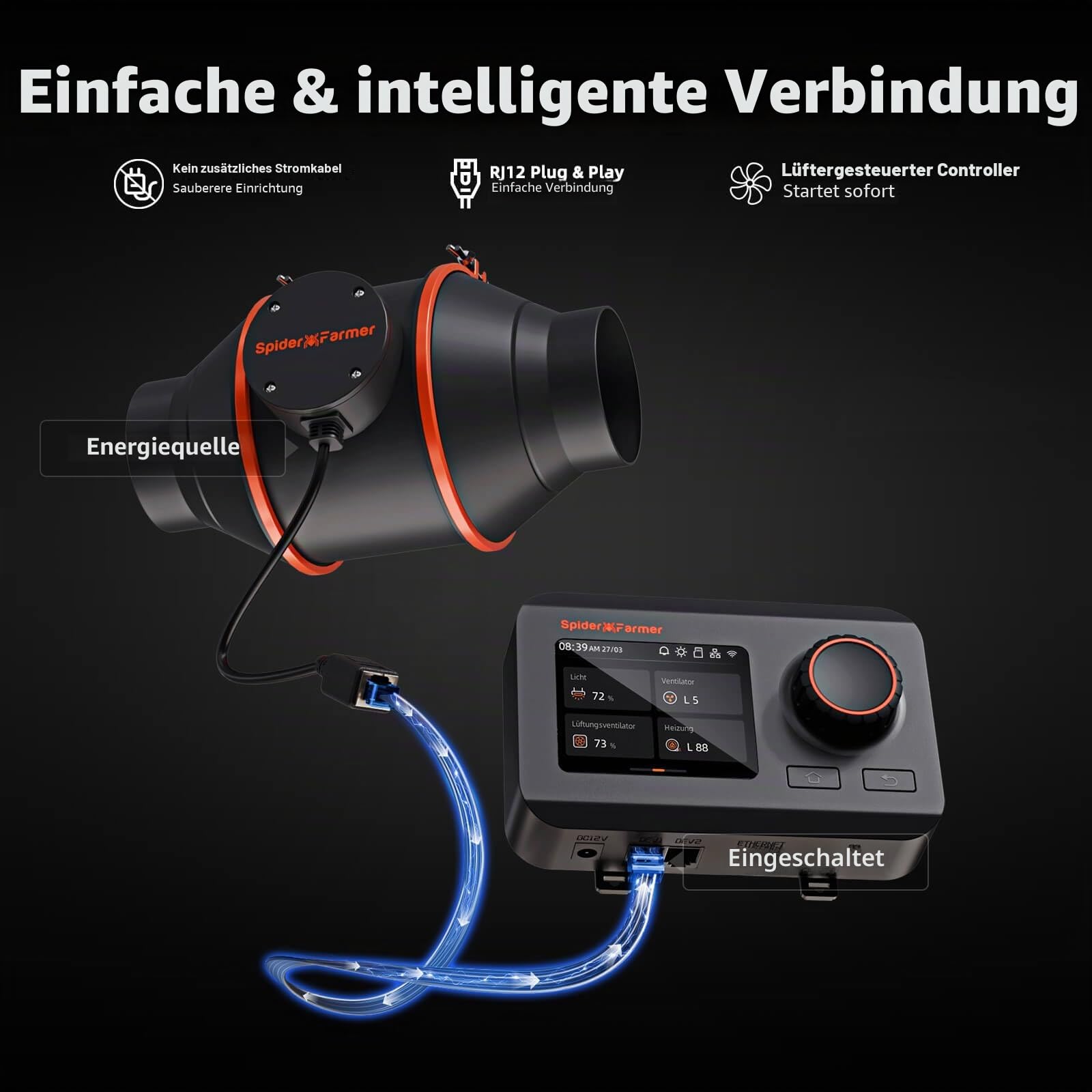 Rohrventilator Abluftset 100 mm mit Aktivkohlefilter GGS Controller 205 CFM 27 W Temperatur Feuchtigkeitssensor 26,8 dB 4 m Schlauch