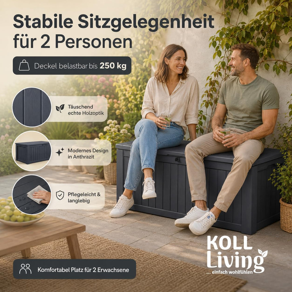 Auflagenbox 570 Liter wasserdicht mit Belüftung 155 x 72,4 x 64,4 cm Holzoptik Gasdruckfeder Anthrazit