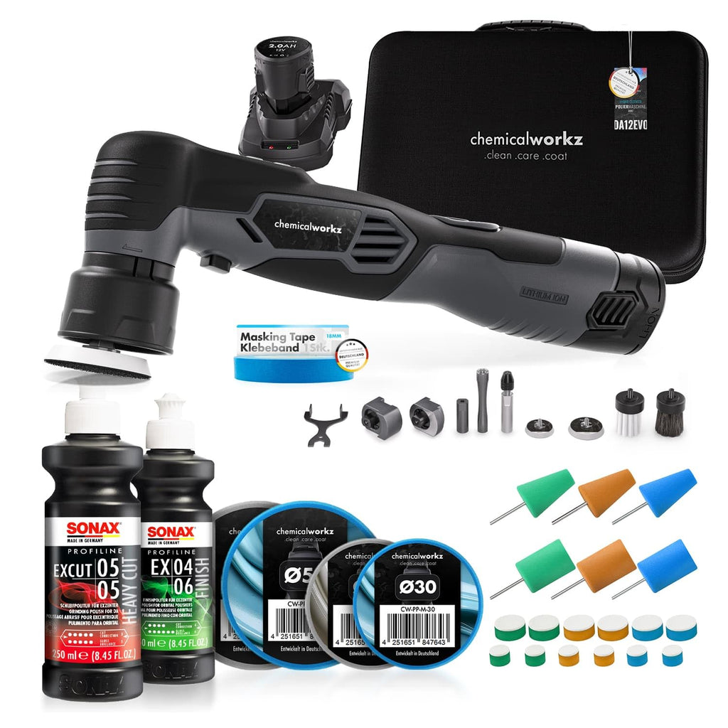 Akku Poliermaschine EVO Mini 25-teiliges Set mit Exzenter und Rotation Akkus Adaptern Polierpads und Zubehör